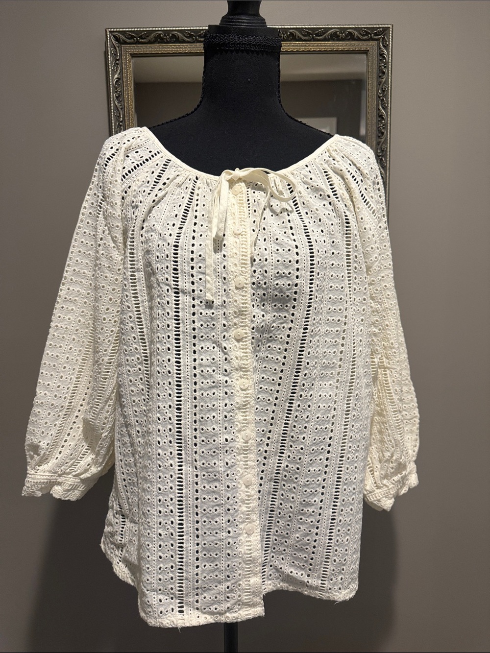 Joie Cream Eyelet Peasant Blouse with Button Front